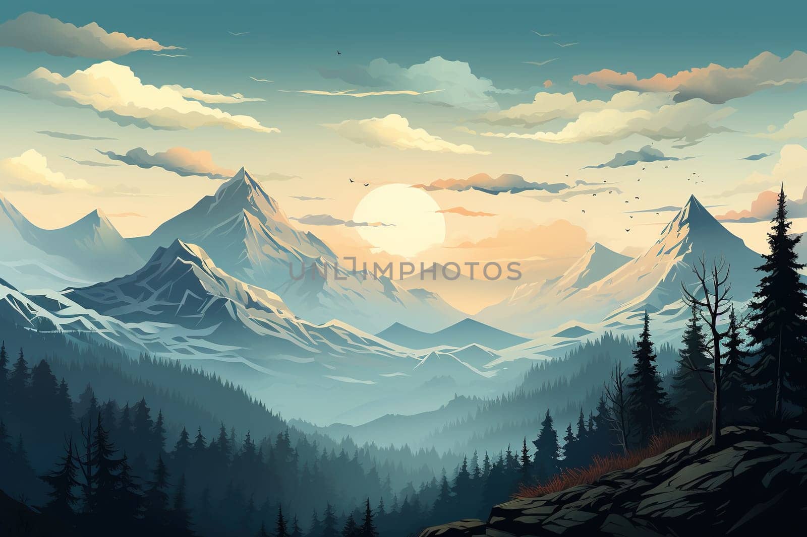 Beautiful illustration of a mountain landscape with a river at sunset or dawn.