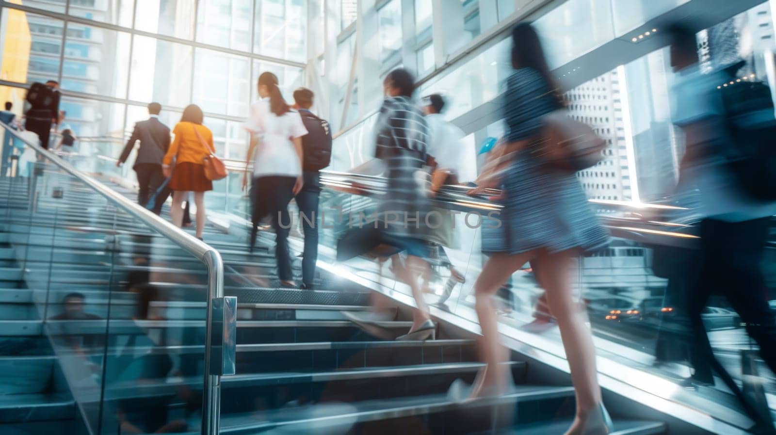 A group of people are walking up a set of stairs in a busy city, blur motion.