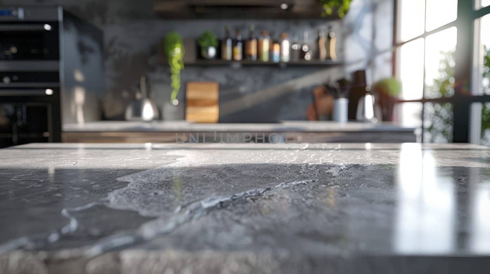 A granite kitchen with a countertop that has a reflection of a sink, New modern kitchen.