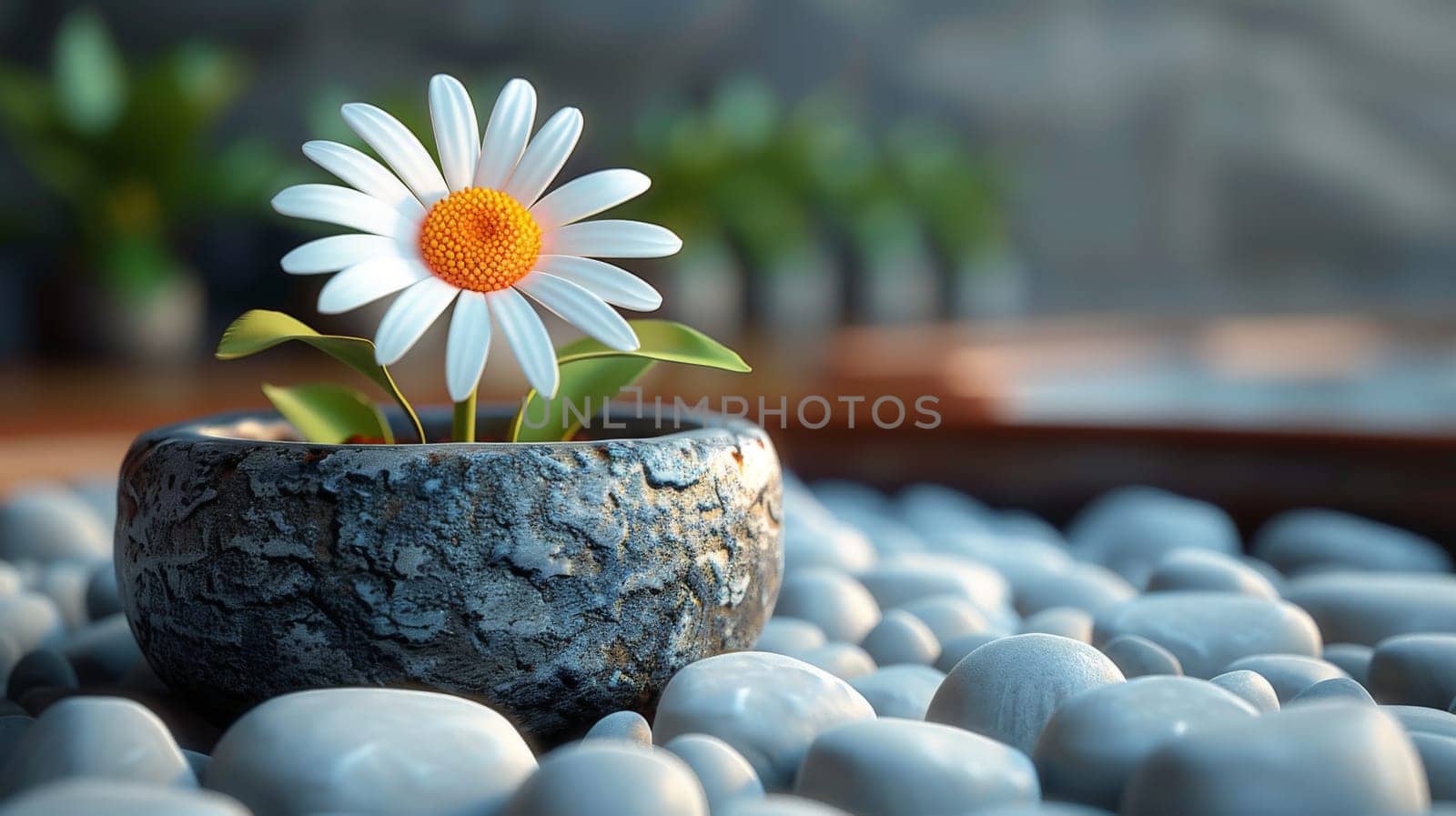 A small white flower is sitting in a small rock, Concept of tranquility and peace.