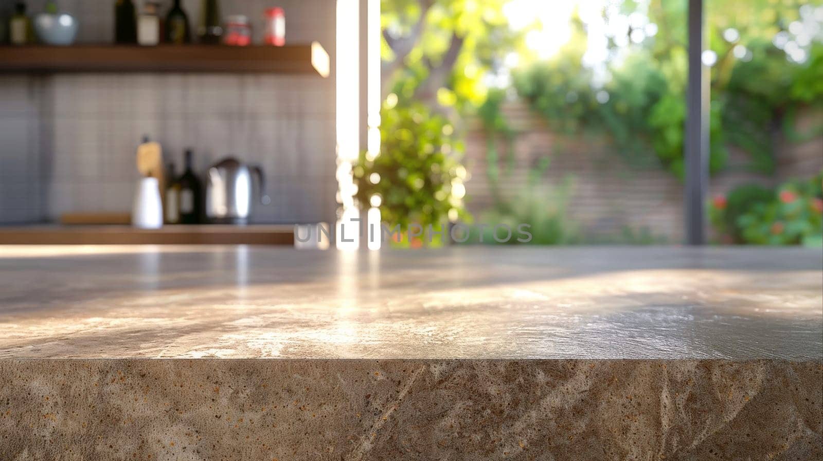 A granite kitchen with a countertop that has a reflection of a sink, New modern kitchen.