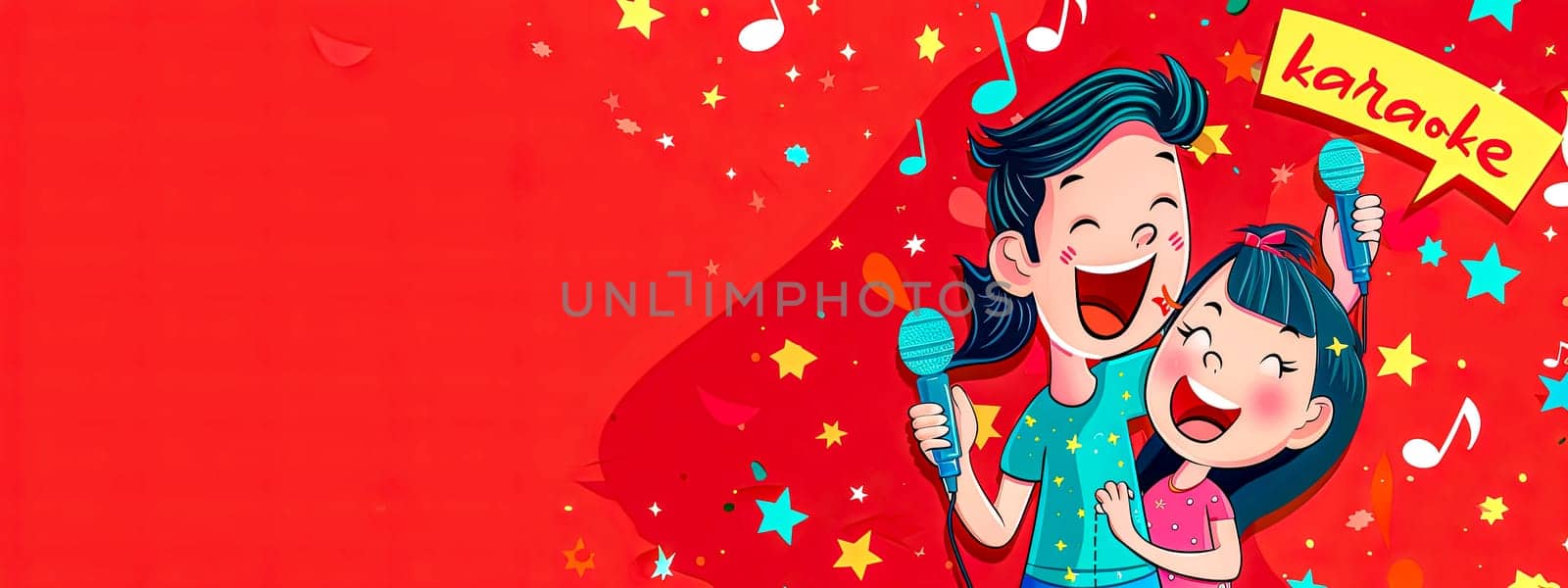 Animated children singing joyfully into microphones at a karaoke party on a vibrant red background by Edophoto