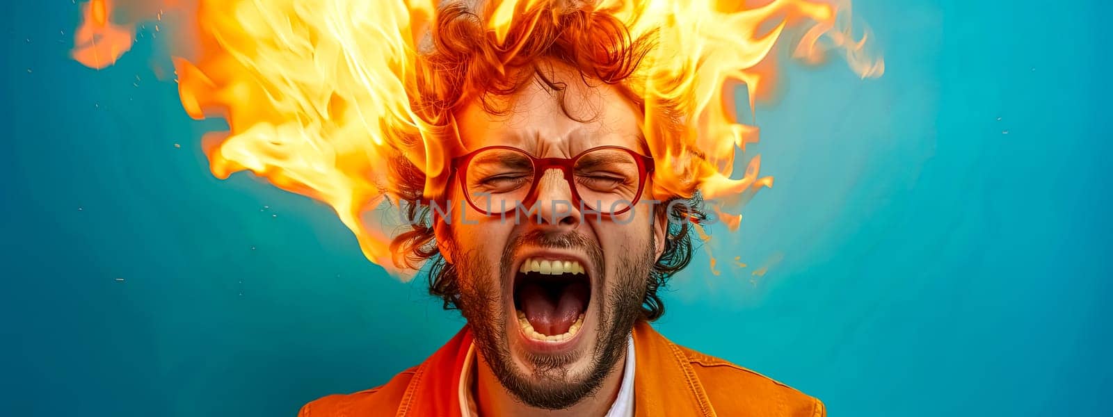 Intense portrait of a man with his hair ablaze, expressing extreme emotion against a vivid blue backdrop