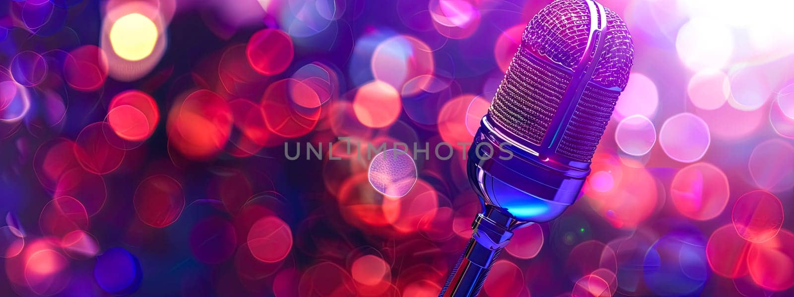 Close-up of a microphone with a vibrant, bokeh light backdrop, depicting a lively stage atmosphere