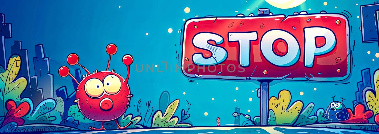 Cartoon alien encountering stop sign on road at night by Edophoto