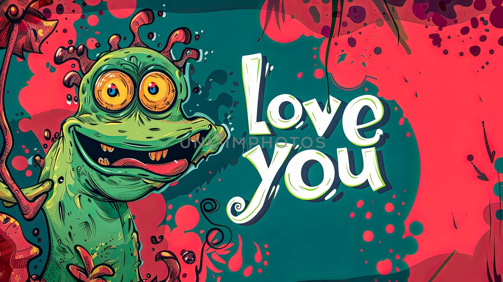 Colorful illustration of a cute alien saying love you with a joyful expression