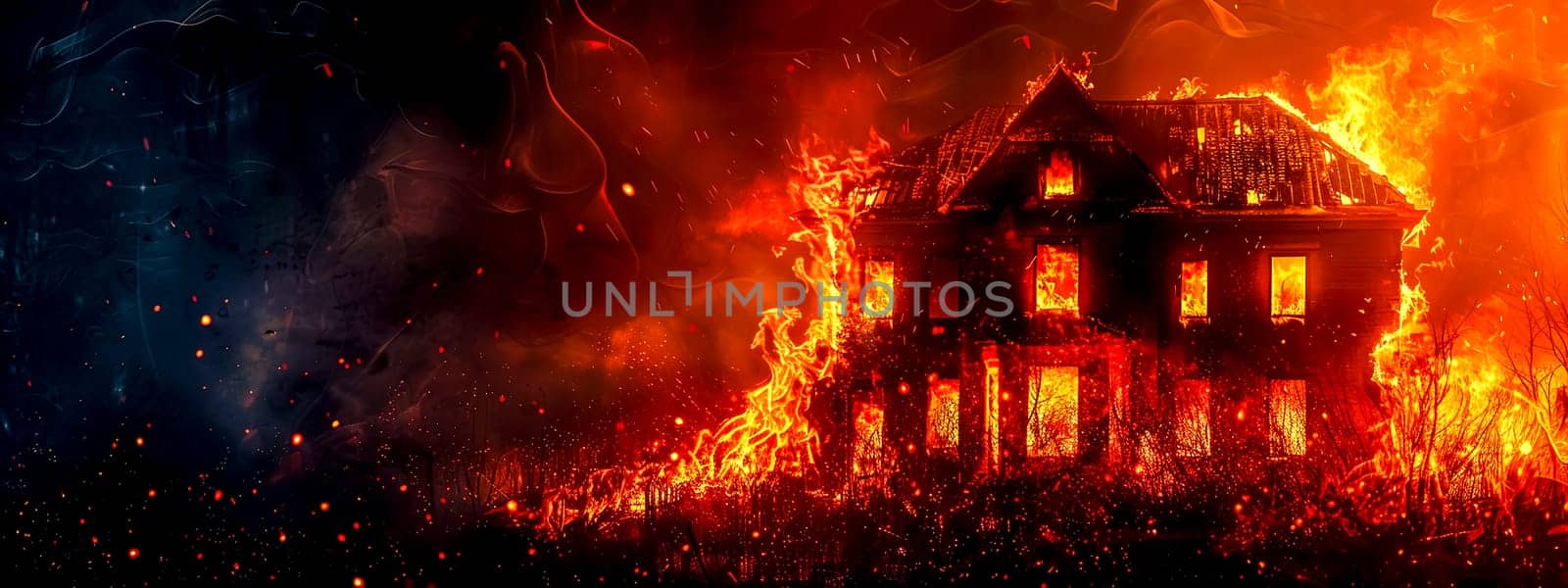 A fiery blaze consumes an old, empty manor amid a dark, smoky background