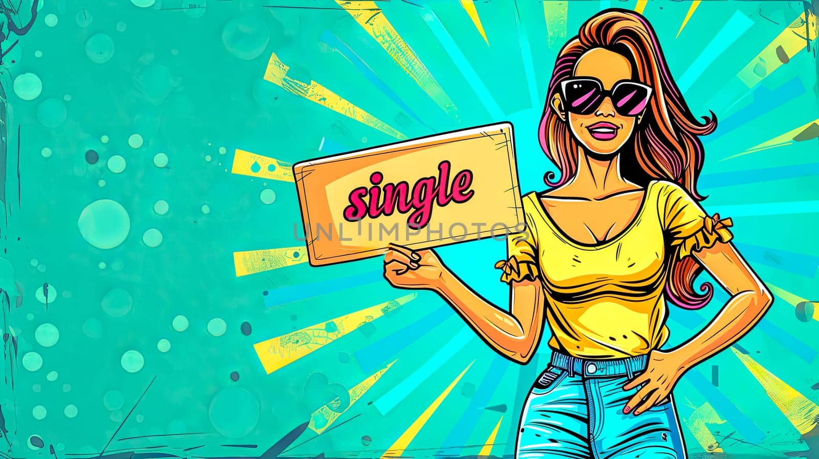 Colorful pop art of a trendy woman holding a 'single' sign with a vibrant background