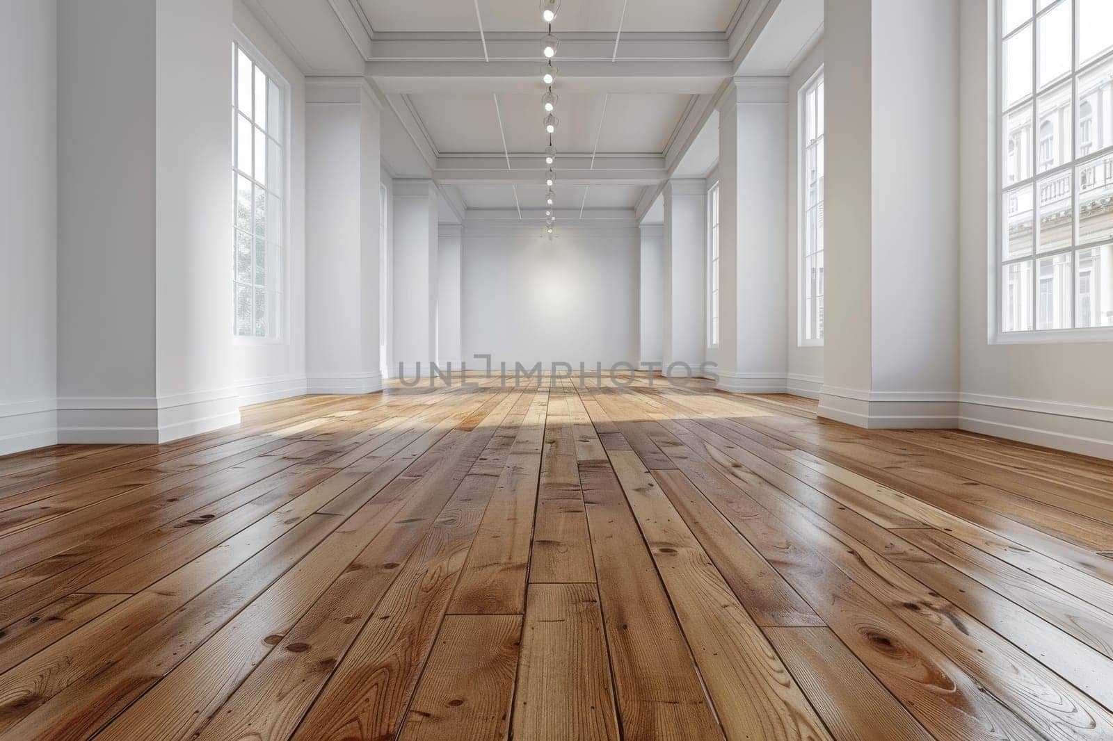 Empty room and wooden floor. Empty room for advertising. Generative AI.