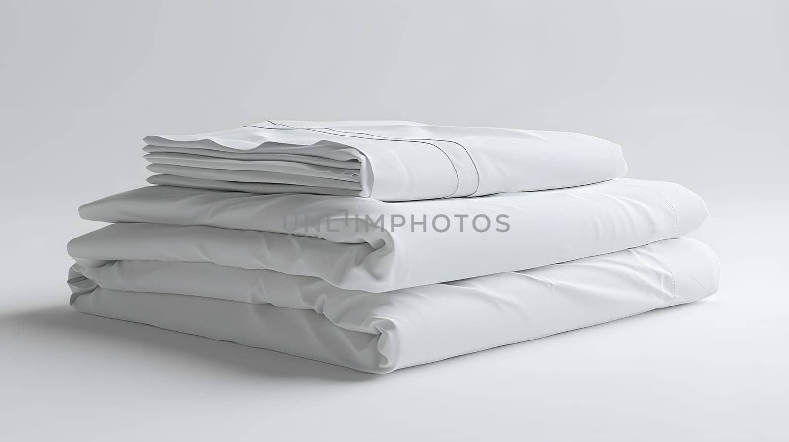 Rectangular stack of white linens and pillows on white surface by Nadtochiy