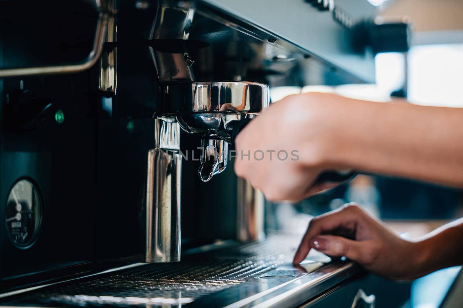Professional coffee machine prepares fresh tasty coffee at cafe. Step by step tips for making delicious brew. Close up of machine hand holding handle pouring refreshing drink. by Sorapop