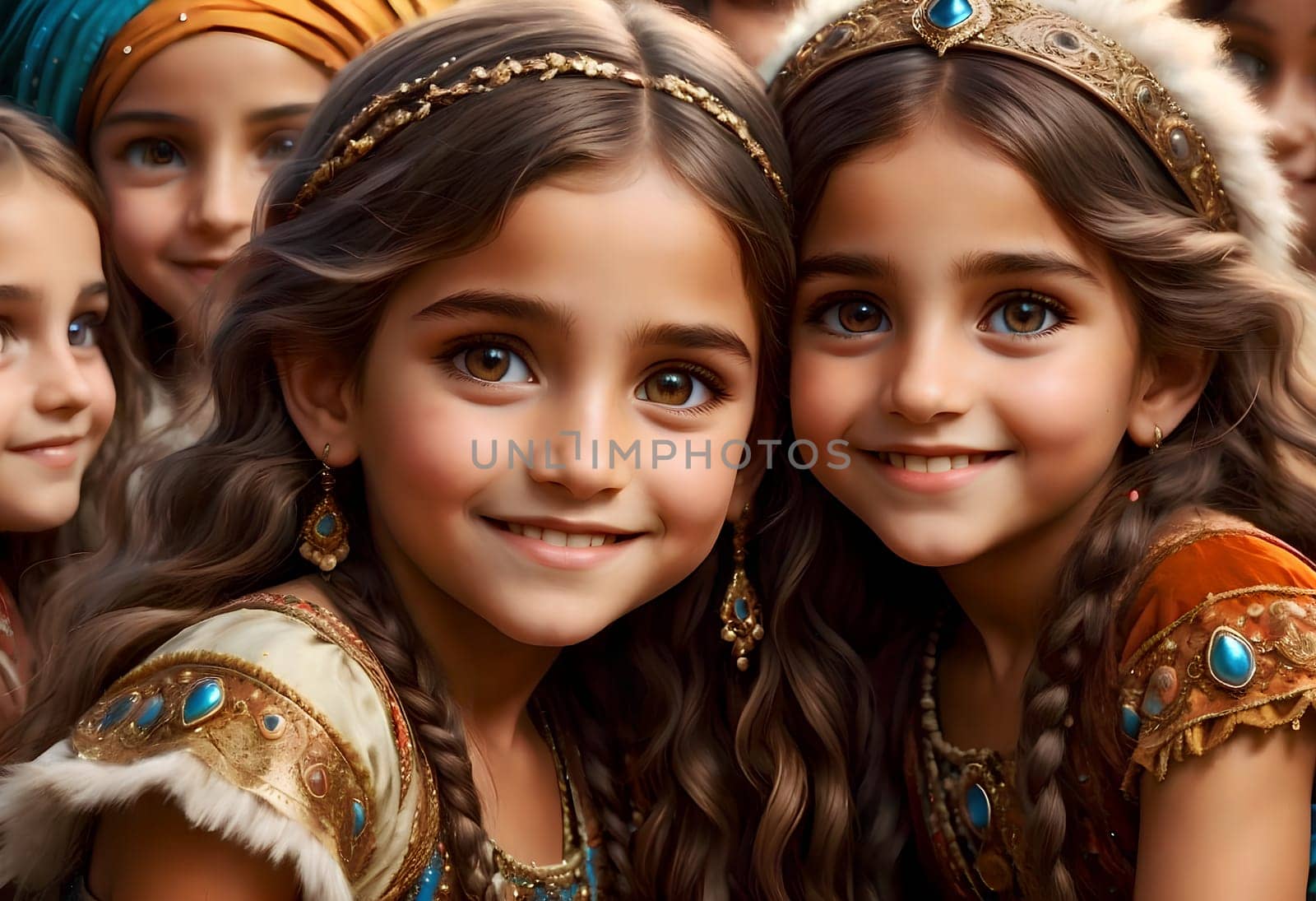 Beautiful gypsy children in elegant gypsy costumes .AI generated image.