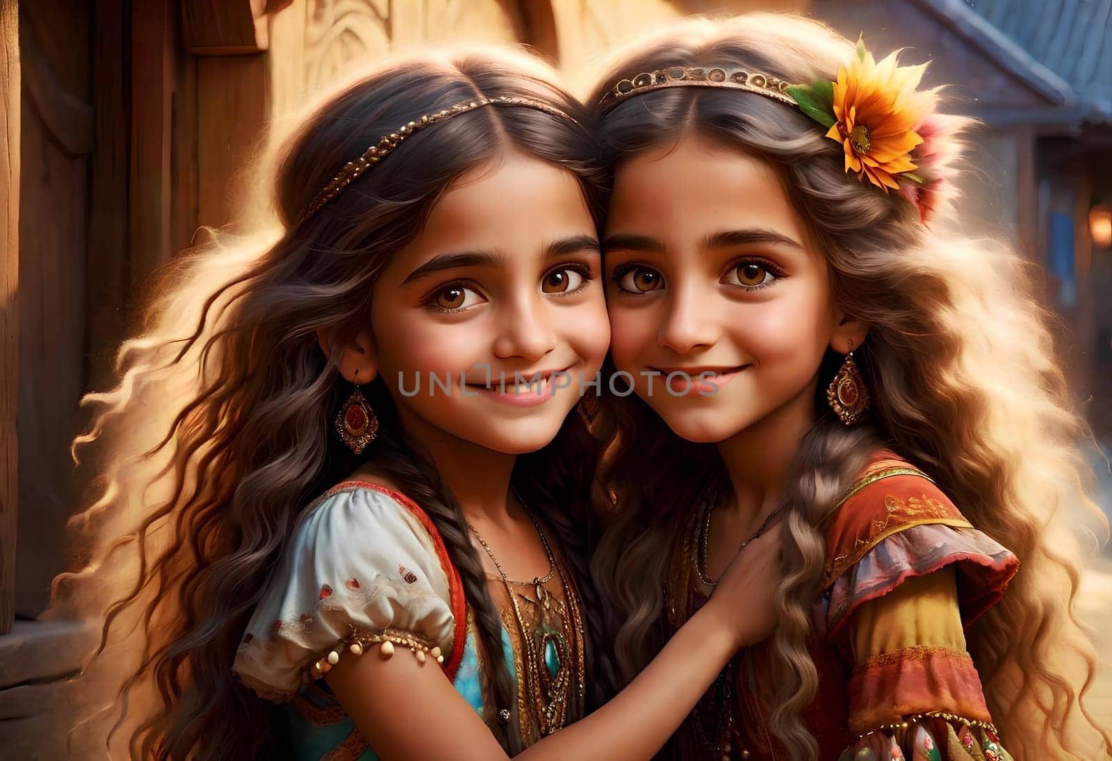 Beautiful gypsy children in elegant gypsy costumes .AI generated image.