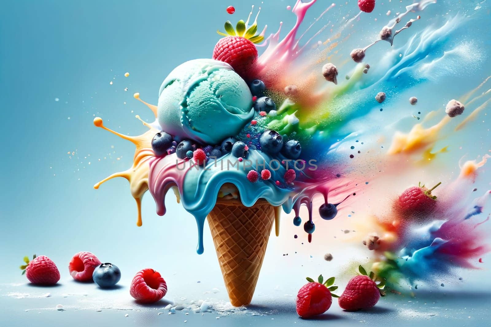 cold fruit sweet ice cream on a blue background. AI generated image.