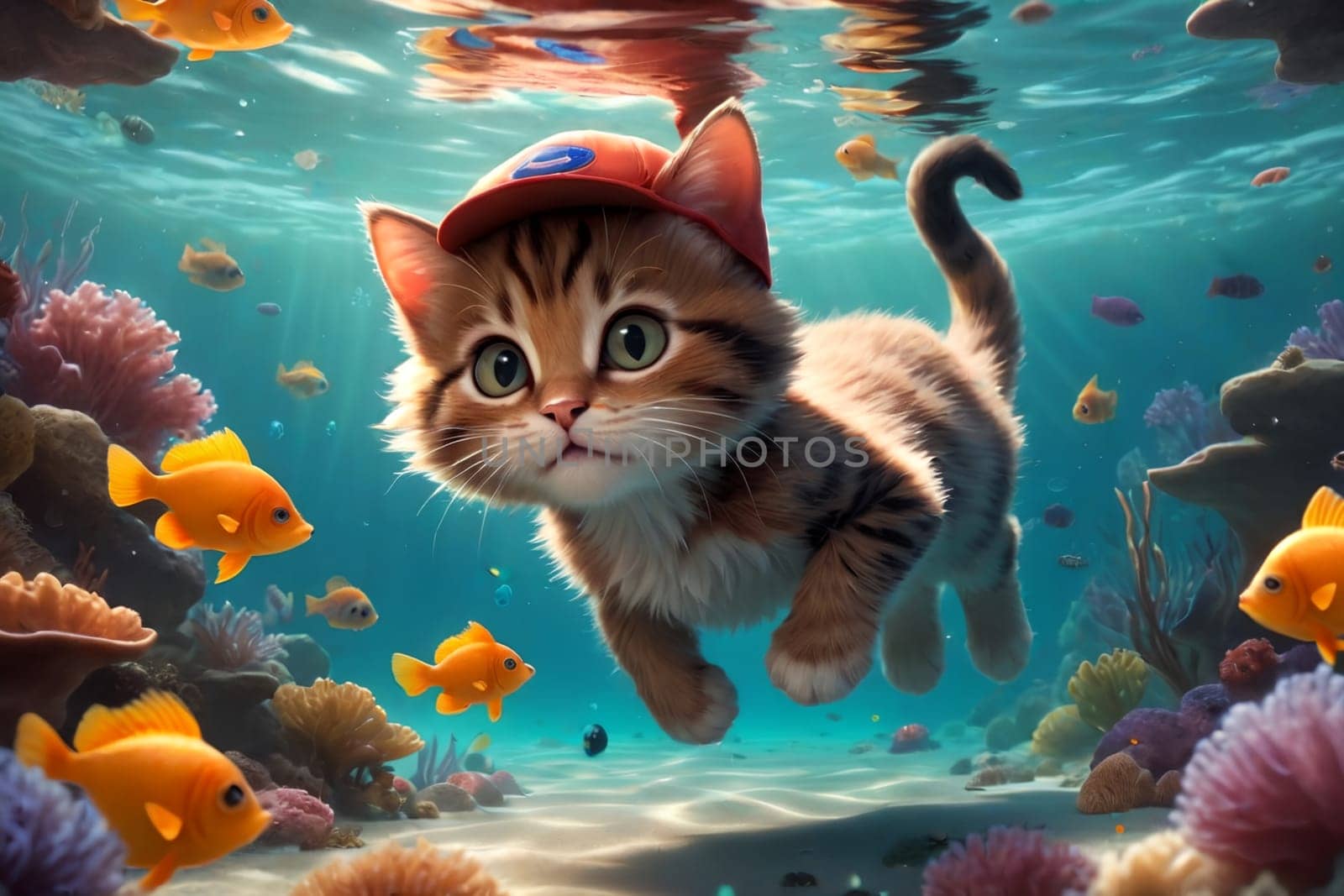Cute little Ragdoll kitten swims in the sea underwater on the shore .AI generated image.