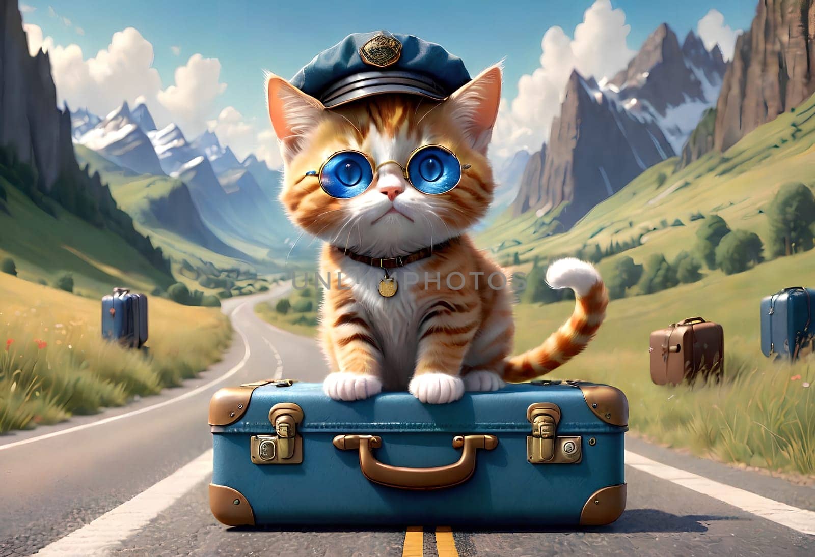 A beautiful young cat with suitcases stands on the road, the cat is a traveler. by Rawlik