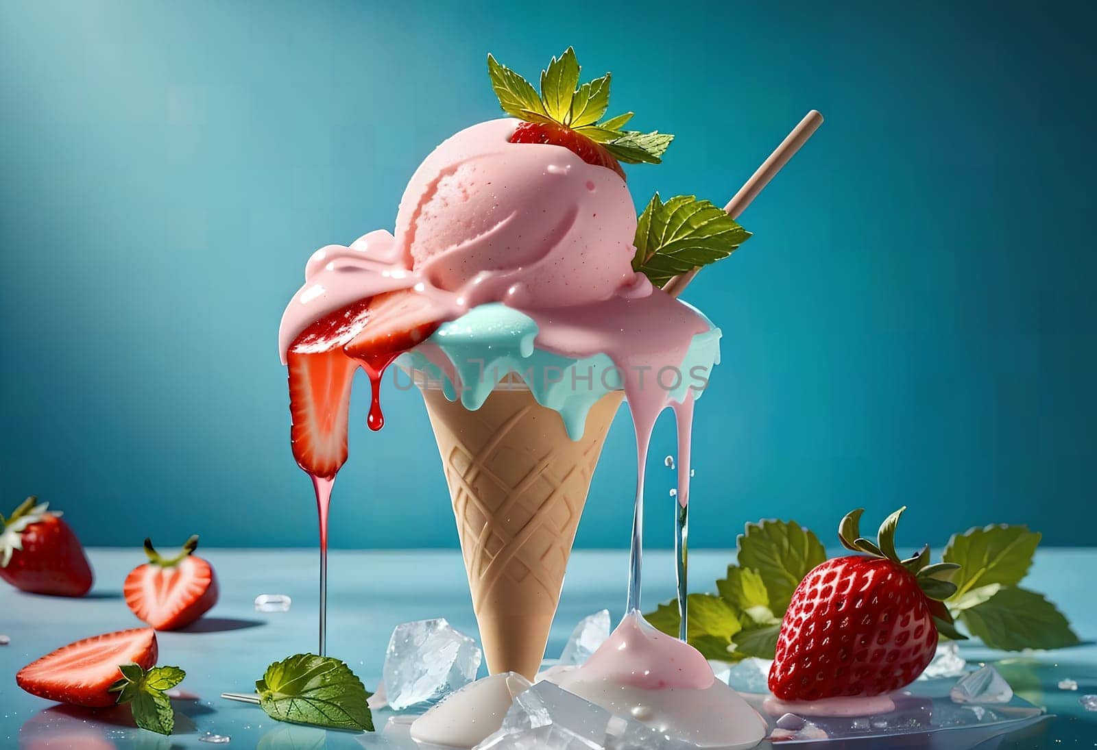 homemade strawberry ice cream on a blue background. AI generated image.