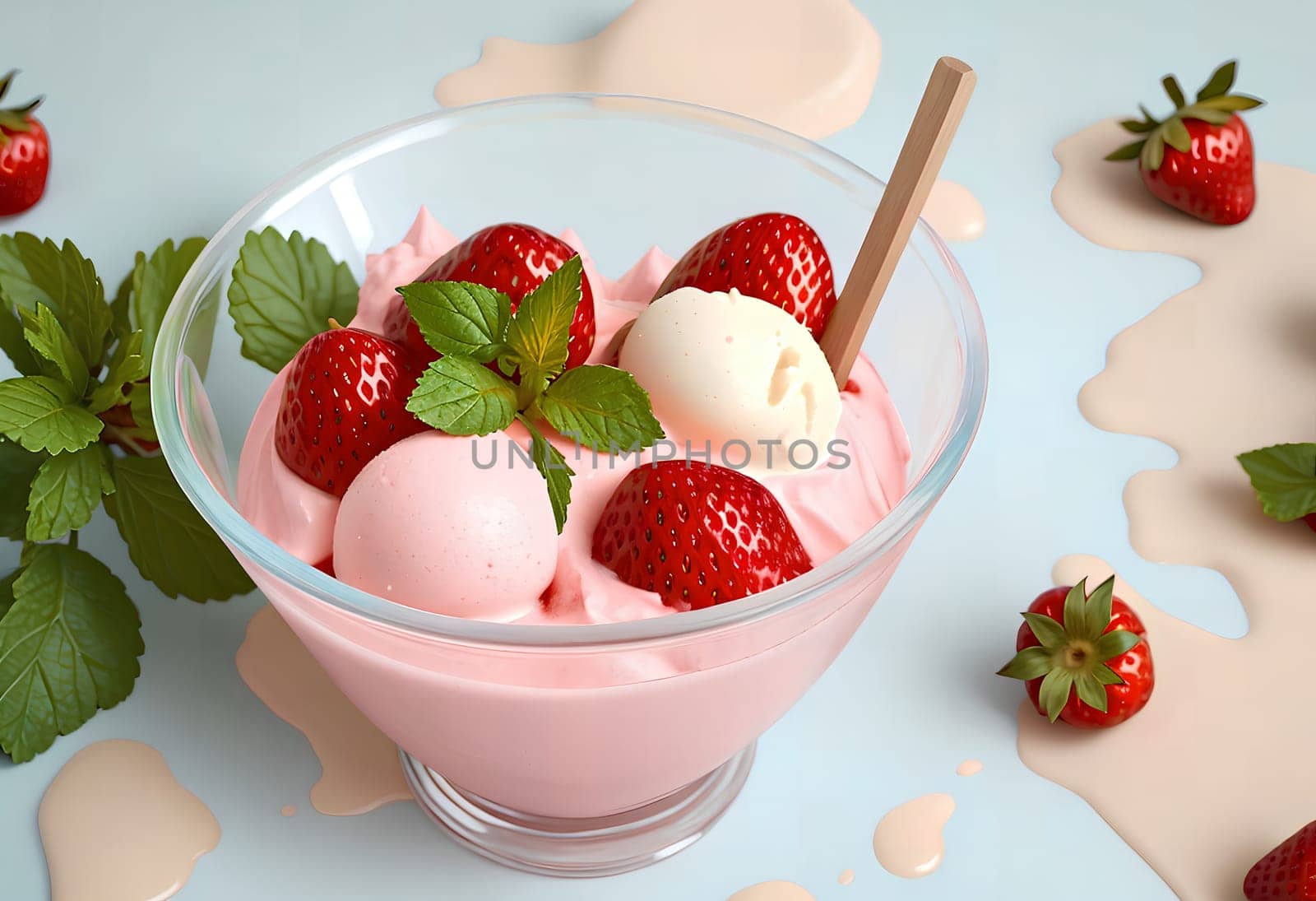 cooked homemade strawberry ice cream on a stick in a plate with strawberries . AI generated image.
