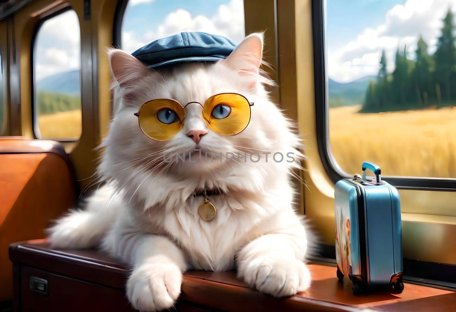 A beautiful Ragdoll cat travels with a suitcase on the train. by Rawlik