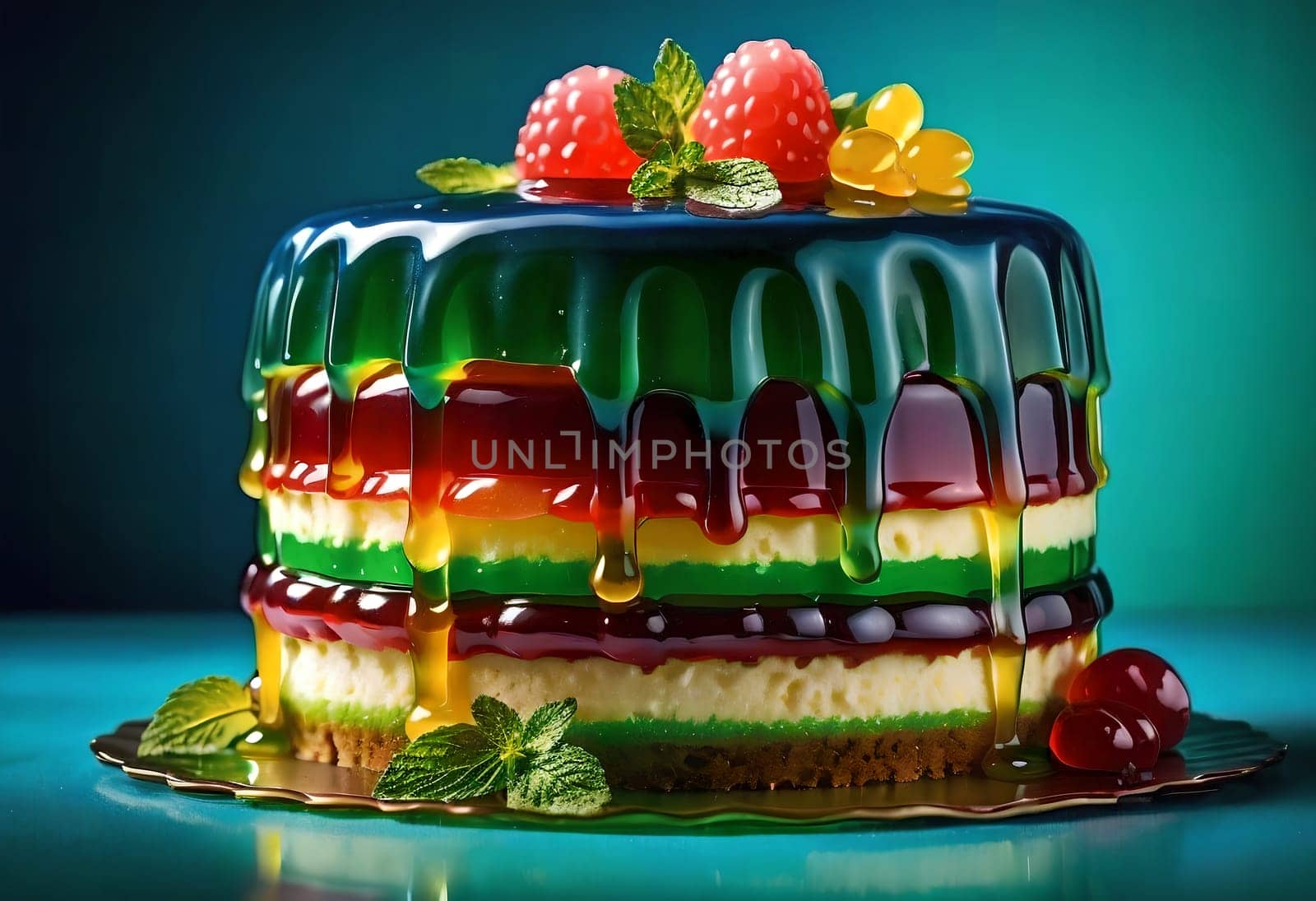 beautiful multi-layer multi-colored jelly cake. AI generated image.