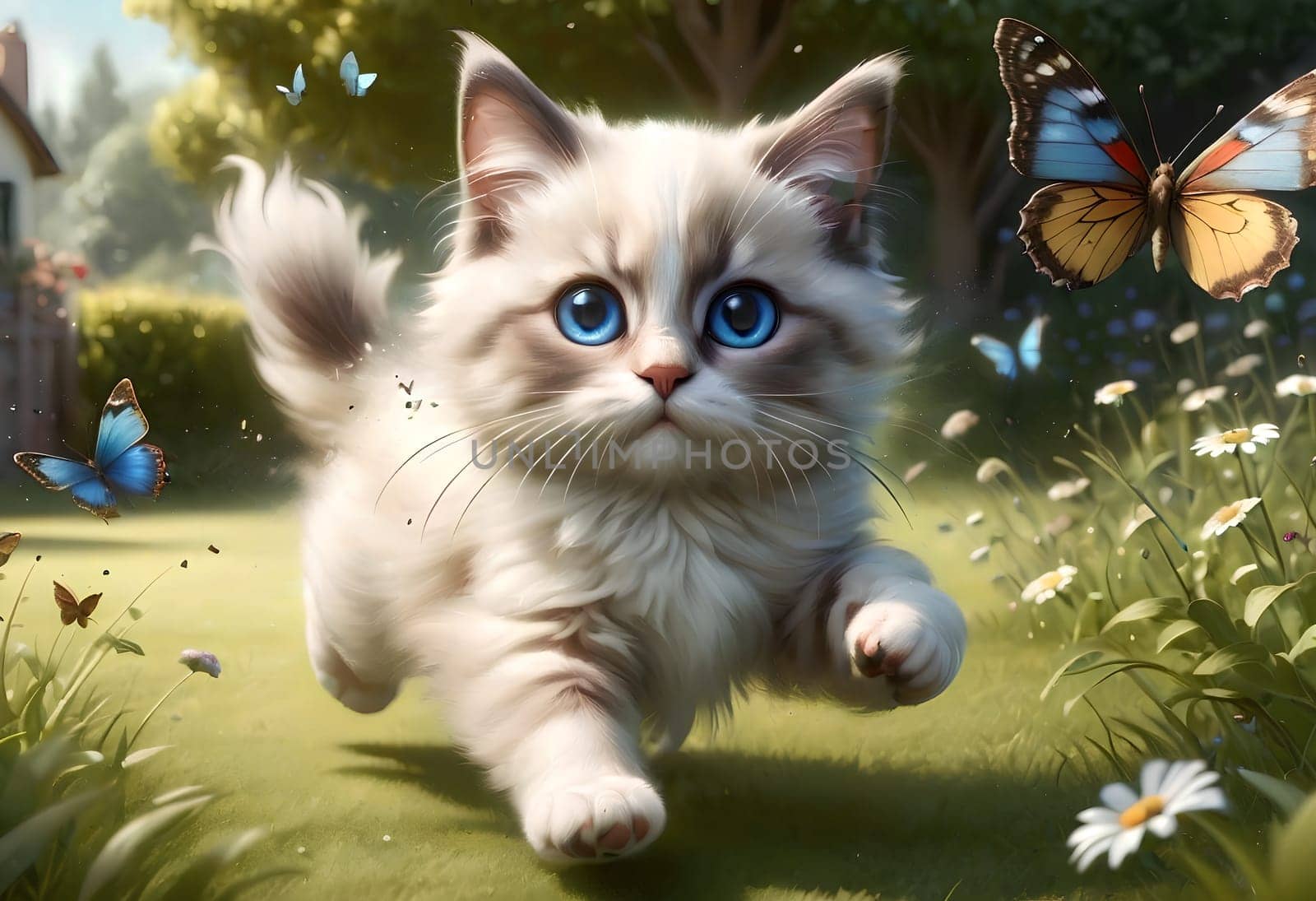 a small beautiful cartoon Ragdoll kitten runs across the lawn chasing a butterfly. by Rawlik