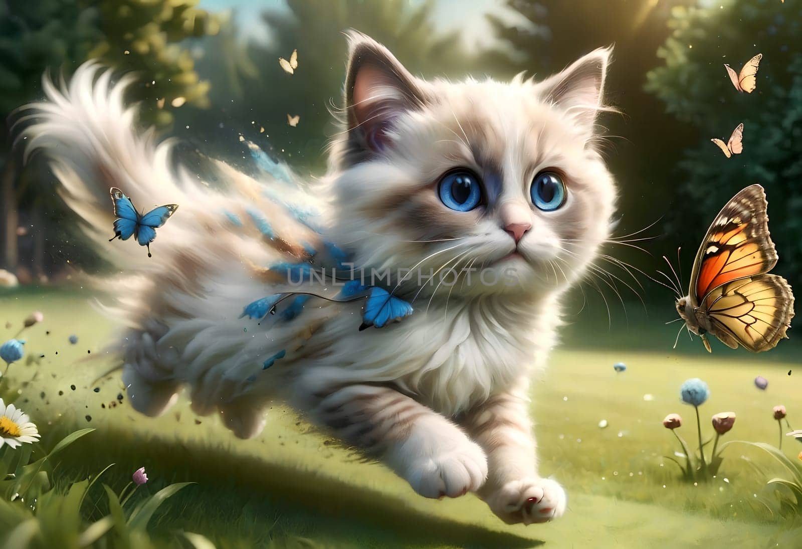 a small beautiful cartoon Ragdoll kitten runs across the lawn chasing a butterfly. by Rawlik