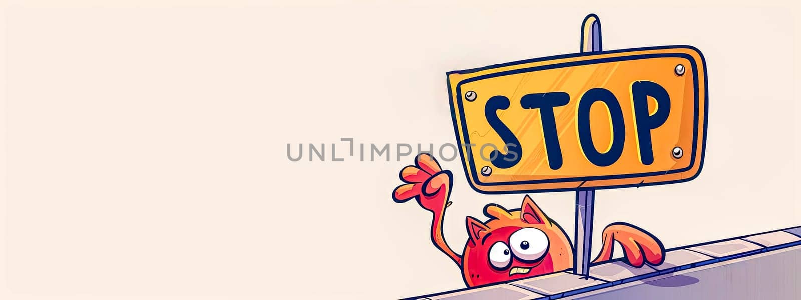 Cute monster holding a stop sign cartoon illustration, copy space by Edophoto