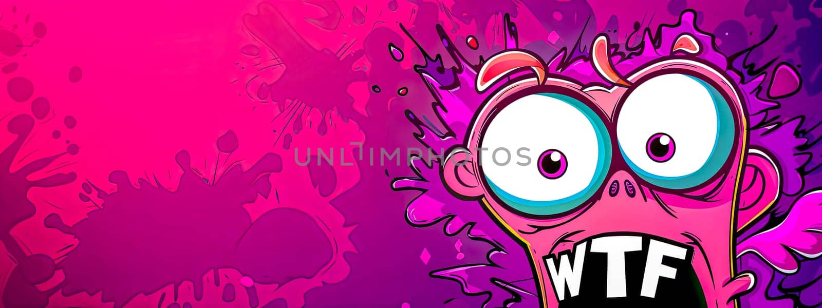 Colorful illustration of a surprised cartoon creature with a comical wtf sign on a vibrant pink splash backdrop