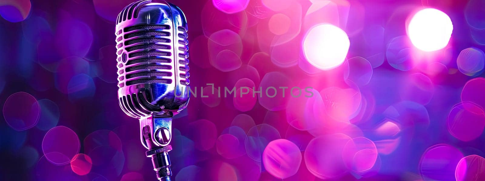 Retro microphone with vibrant bokeh lights for musical and entertainment concepts