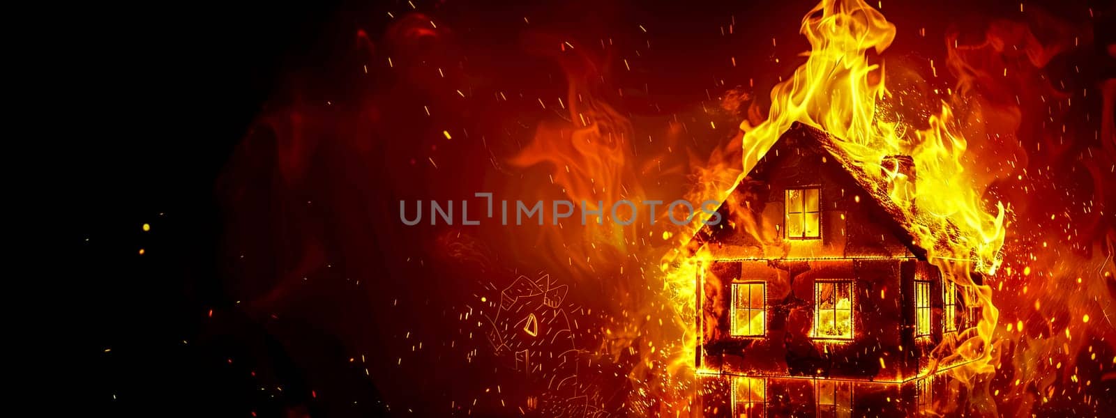 Digital illustration of a house engulfed in flames against a dark background