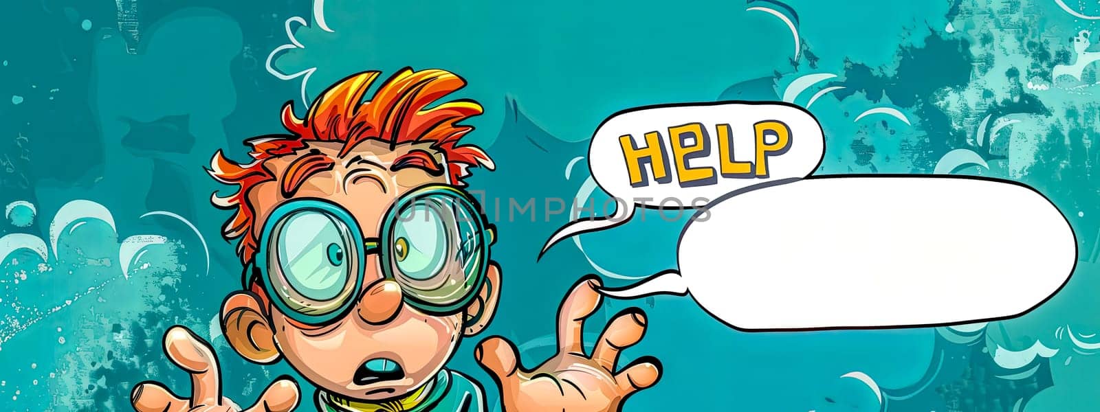 Wacky cartoon scientist character looks panicked, calling for help with empty speech bubble for your text