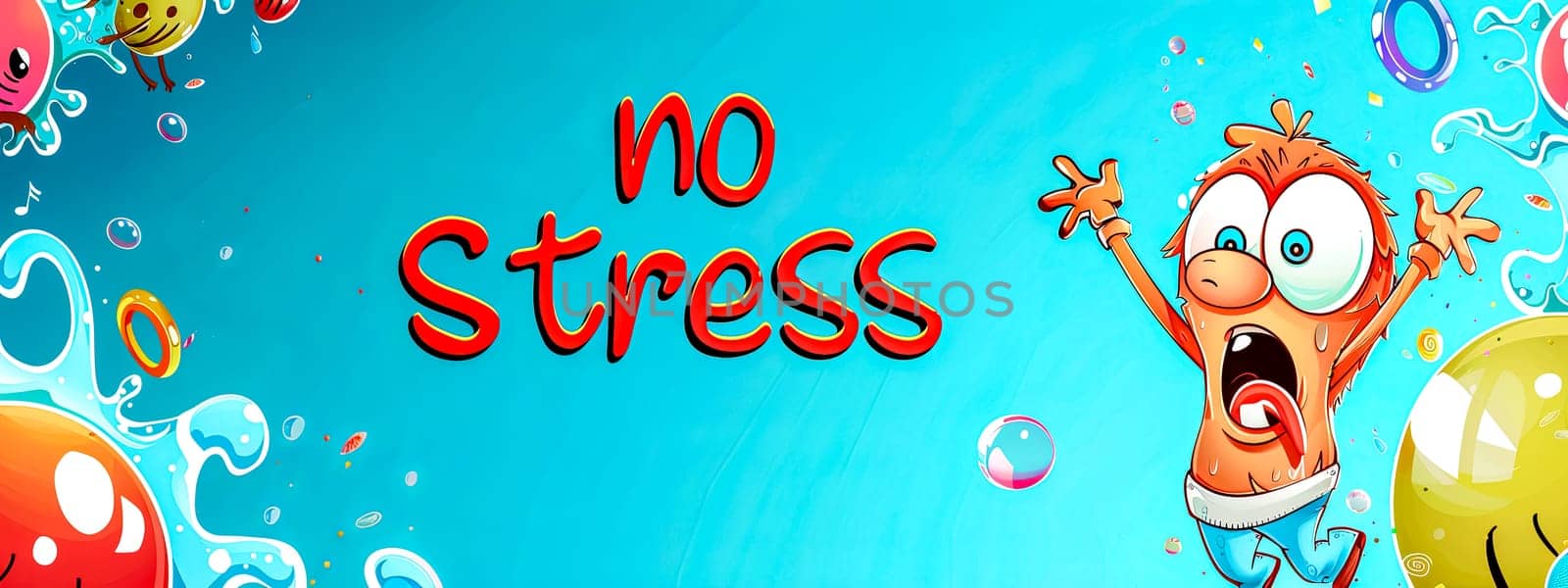 Colorful animated banner with joyful cartoon characters and a no stress message