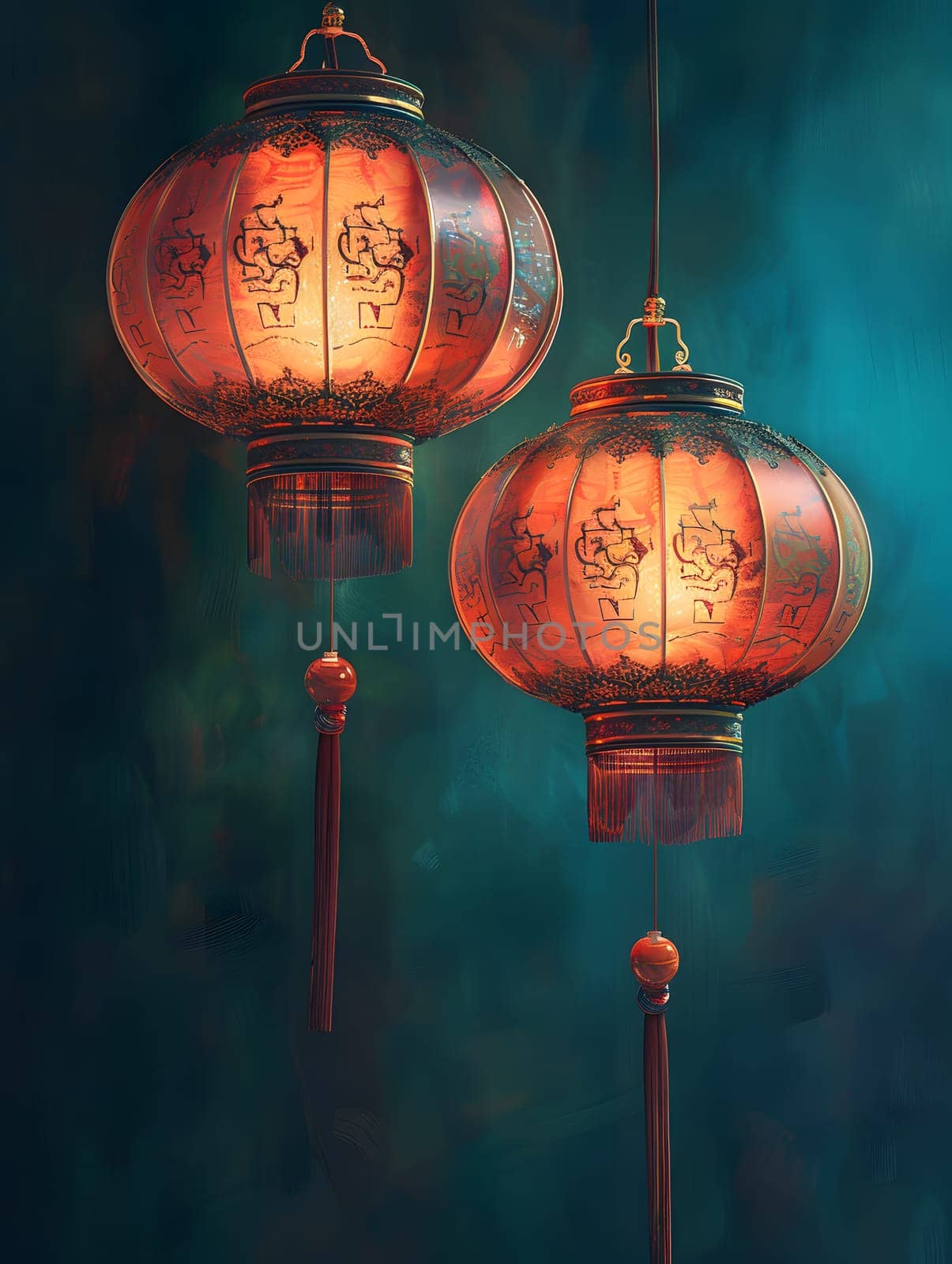 Two Chinese lanterns, glowing orange like street lights, hang from the ceiling in a dark room, casting artistic shadows and creating a watercolor effect