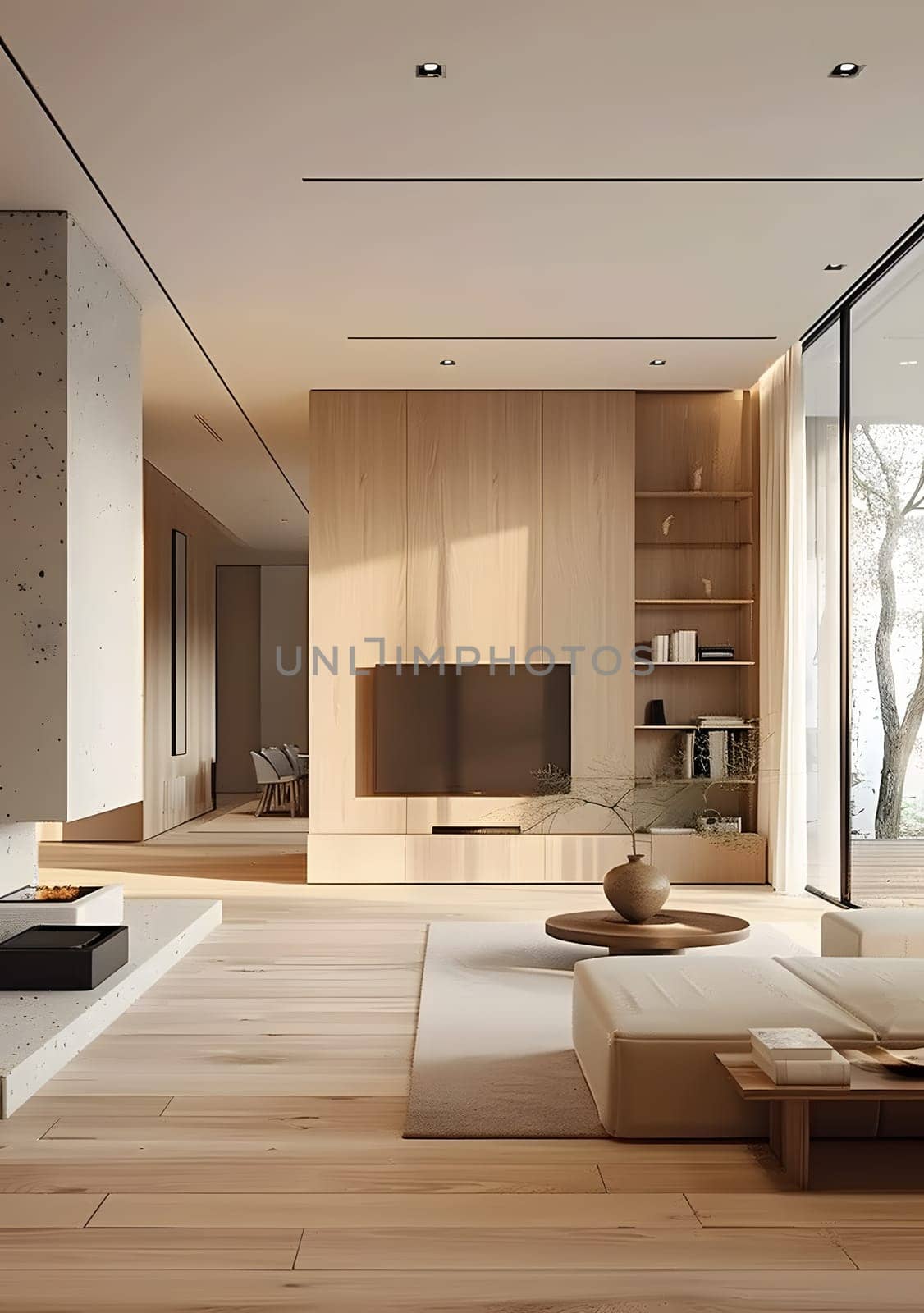 A rectangle living room with hardwood flooring and a flat screen TV mounted on the woodstained wall fixture. A table complements the space