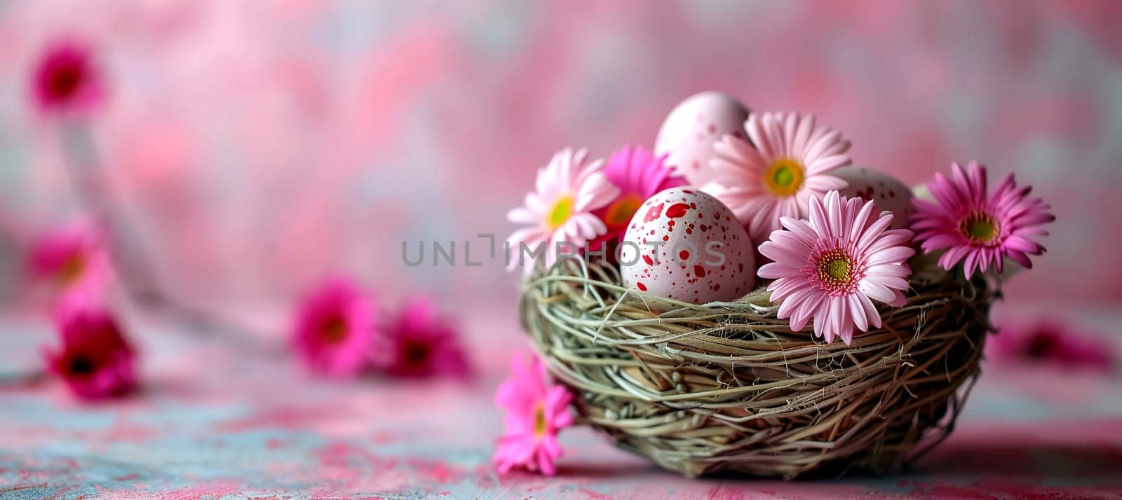 Basket with colorful Easter eggs and blooming flower - Easter background