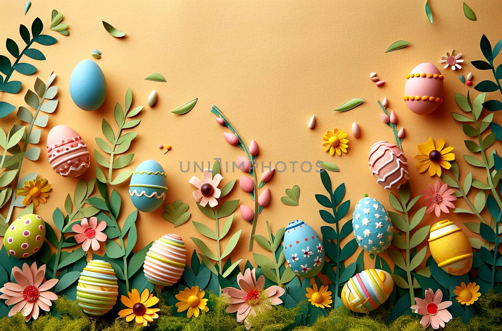 Easter still life of painted eggs and tree branches on a shabby background.
