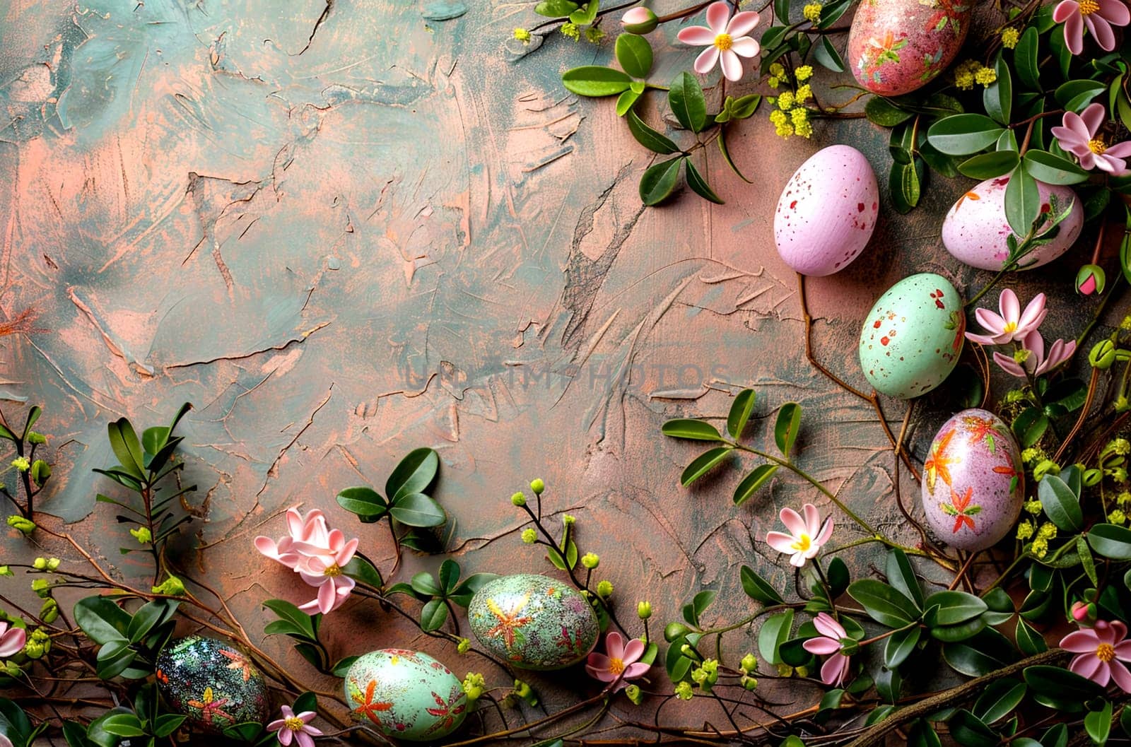 Easter still life of painted eggs and tree branches on a shabby background. AI generated.