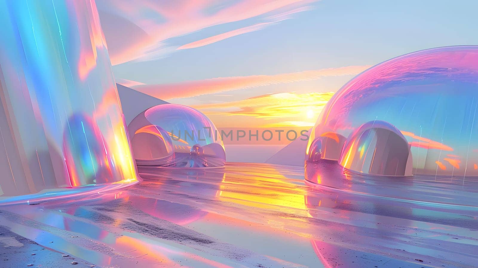 A dusk landscape with iridescent spheres in the water under a colorful sky by Nadtochiy
