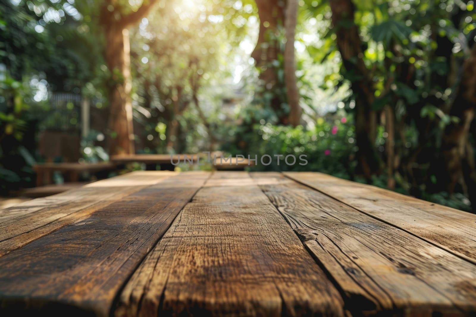 The picture of the wood table in the middle of the forest that surrounded with an uncountable amount of tree and plant in the forest with a bright light from the brightest sun of the daytime. AIGX03.