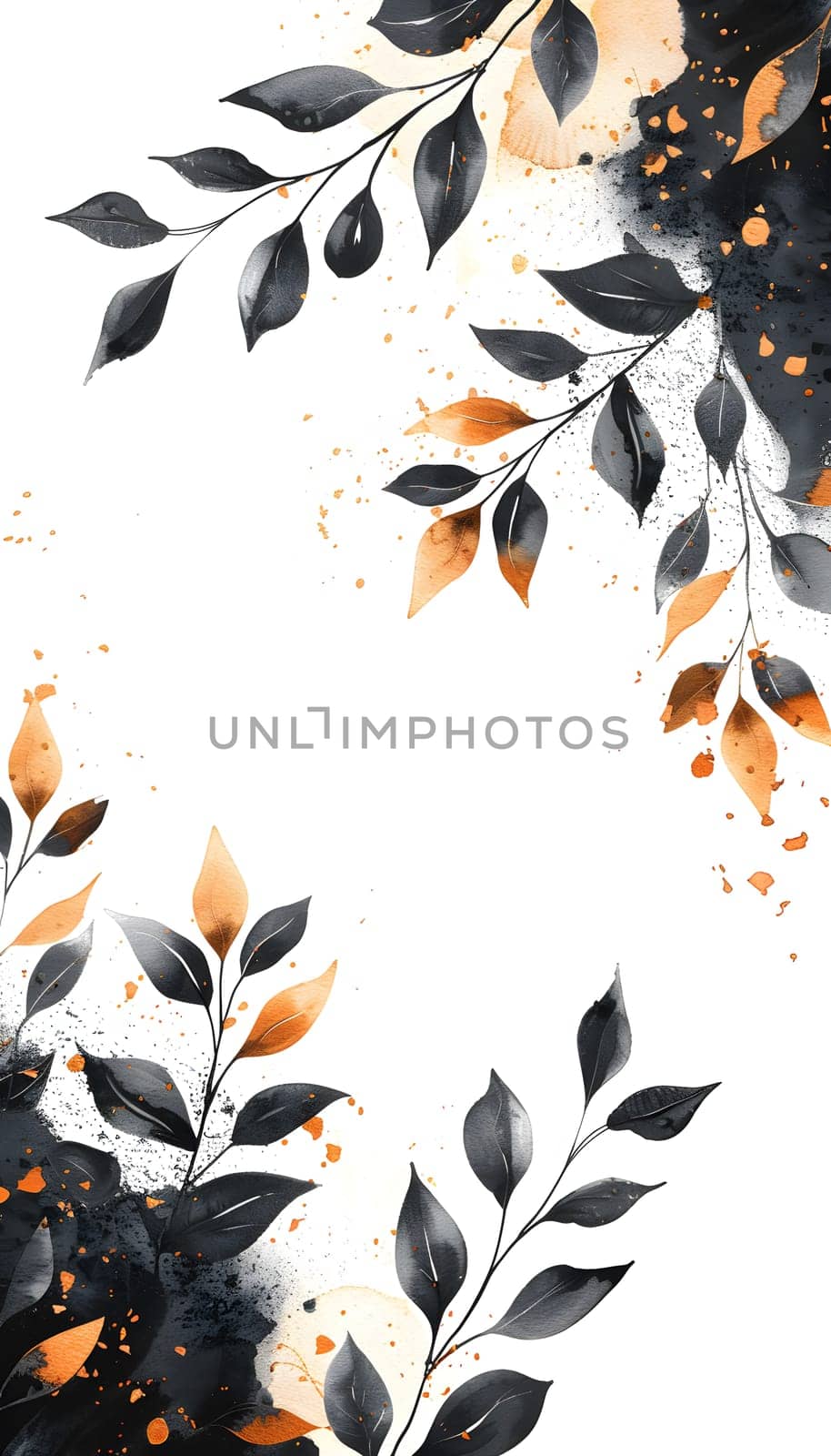 Watercolor painting of black and orange leaves on white background by Nadtochiy
