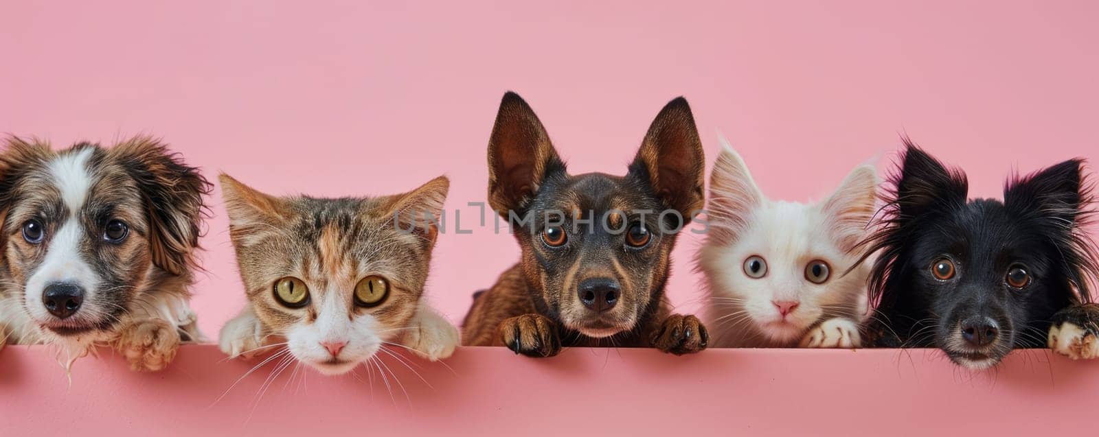 The picture of front view and close up of the multiple group of the various cat and dog in front of the bright pink background that look back to the camera with the curious and interest face. AIGX03.