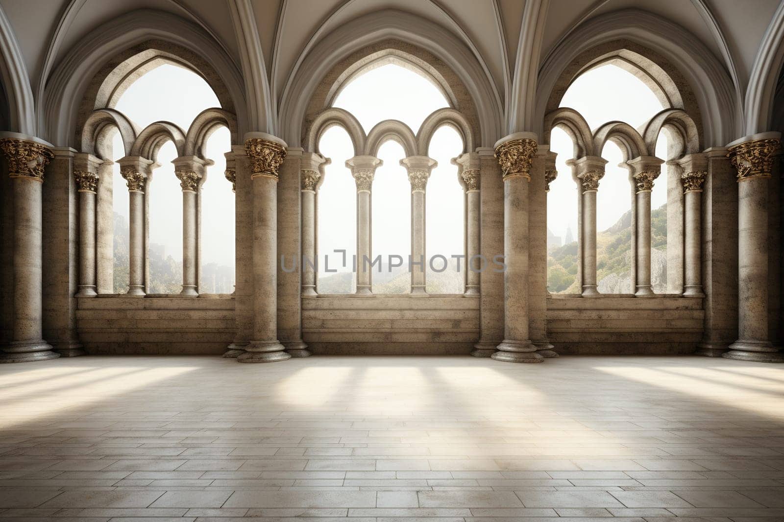 Old antique building with high columns, view from the inside.