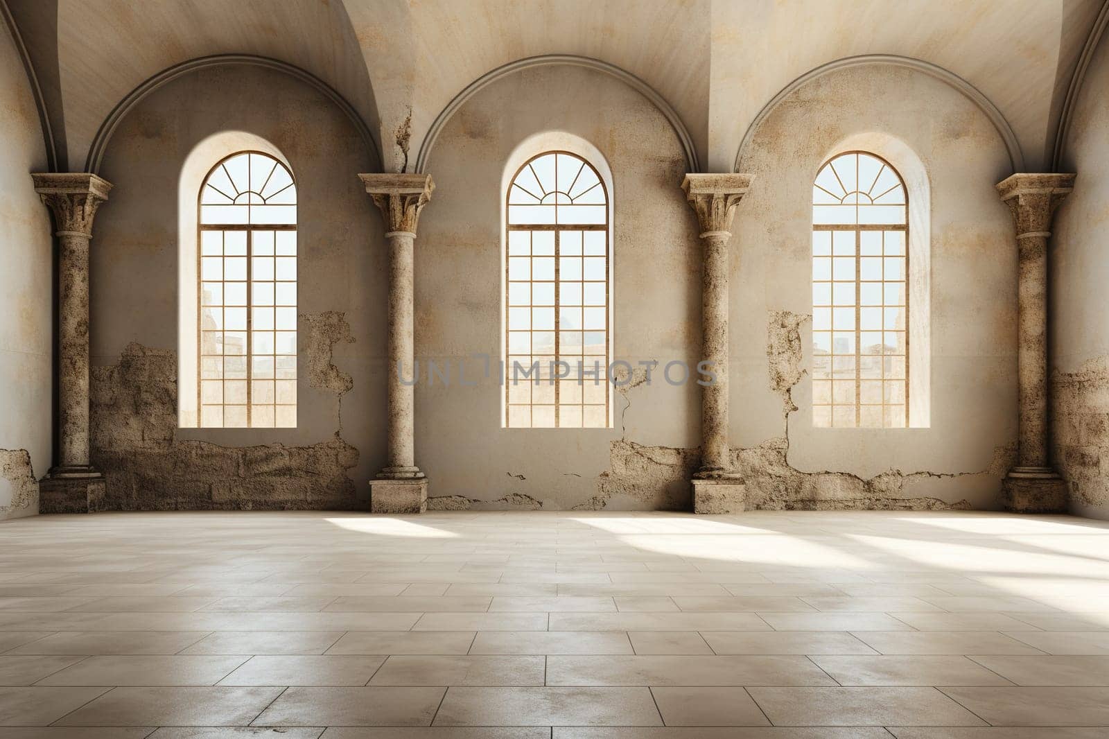 A spacious hall with large windows and shabby walls in an ancient building.