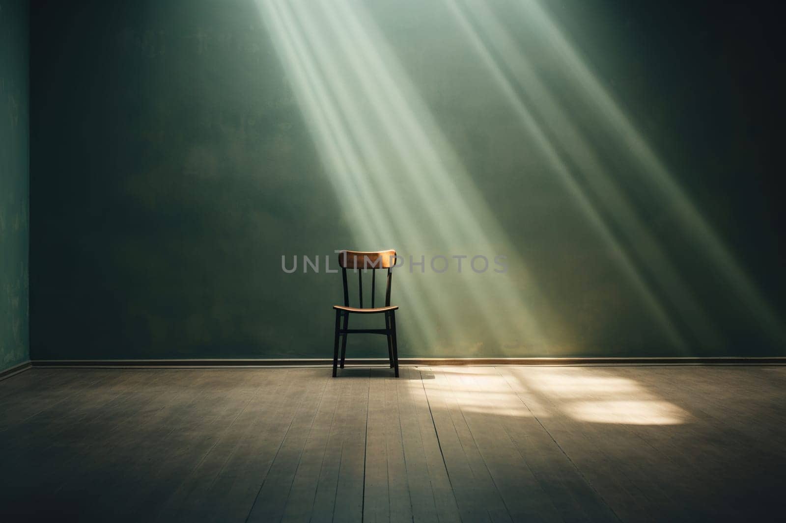 Spacious room with a green wall and one chair in the middle.