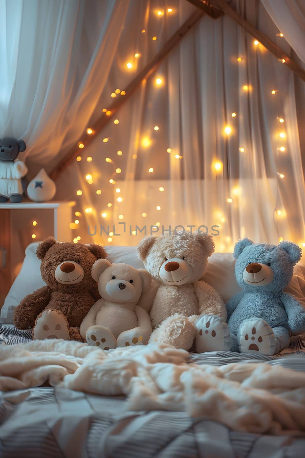 A group of plush teddy bears, with soft fur, sitting on top of a bed, adding a touch of interior design to the room. The toys are surrounded by curtains, creating a cozy atmosphere