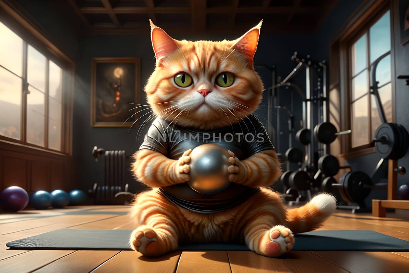 A fat cat in a T-shirt is doing sports in the gym .AI generated image.