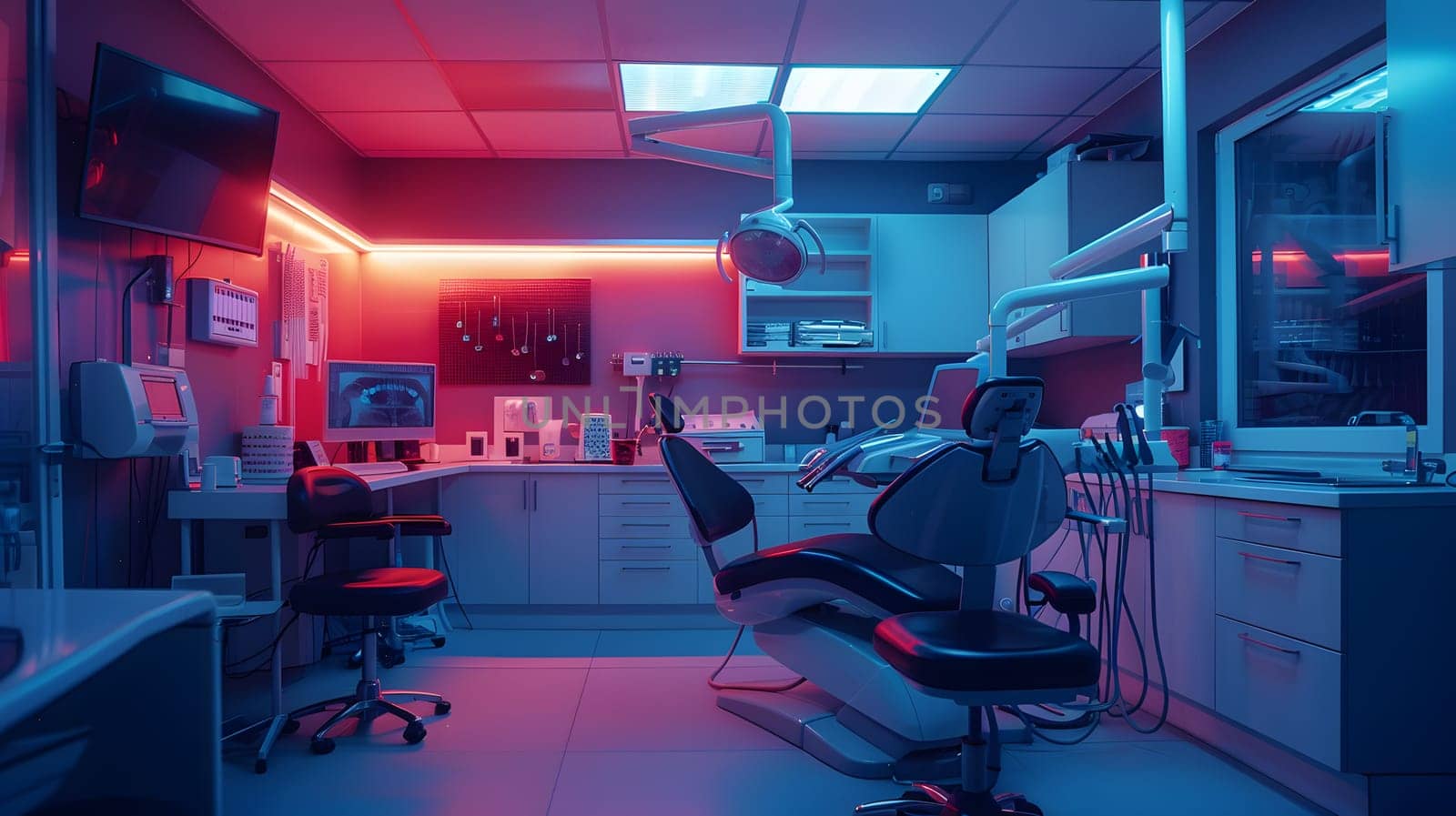 Dental office with magenta and electric blue lights, chair, and machine by Nadtochiy
