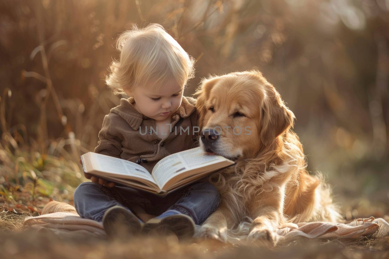 A child immersed in storytelling reads aloud to attentive dog at sunny day. The scene encapsulates a whimsical tale of childhood and animal friendship