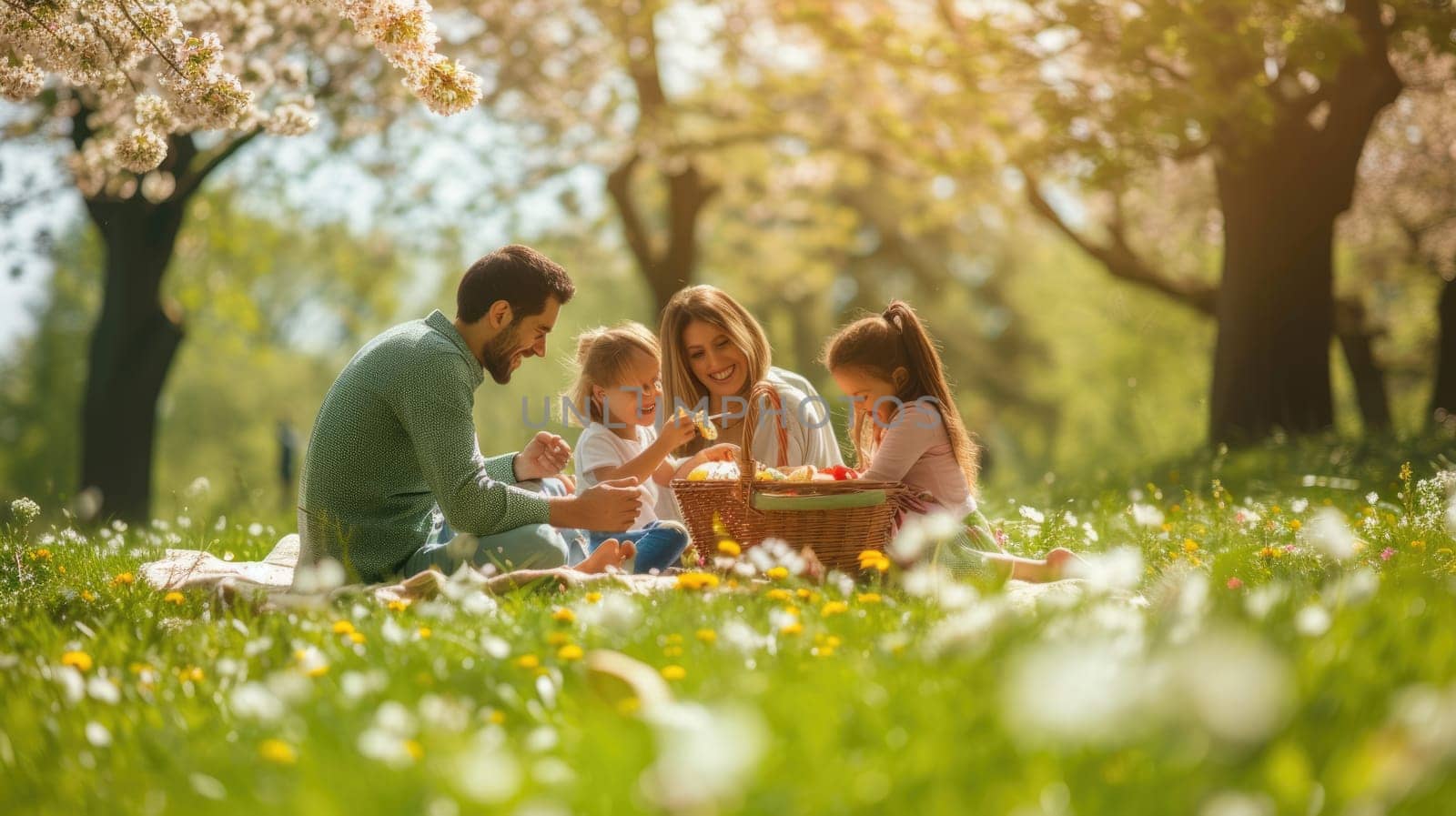 Happy family picnicking in a park surrounded by beautiful flowers AIG41 by biancoblue