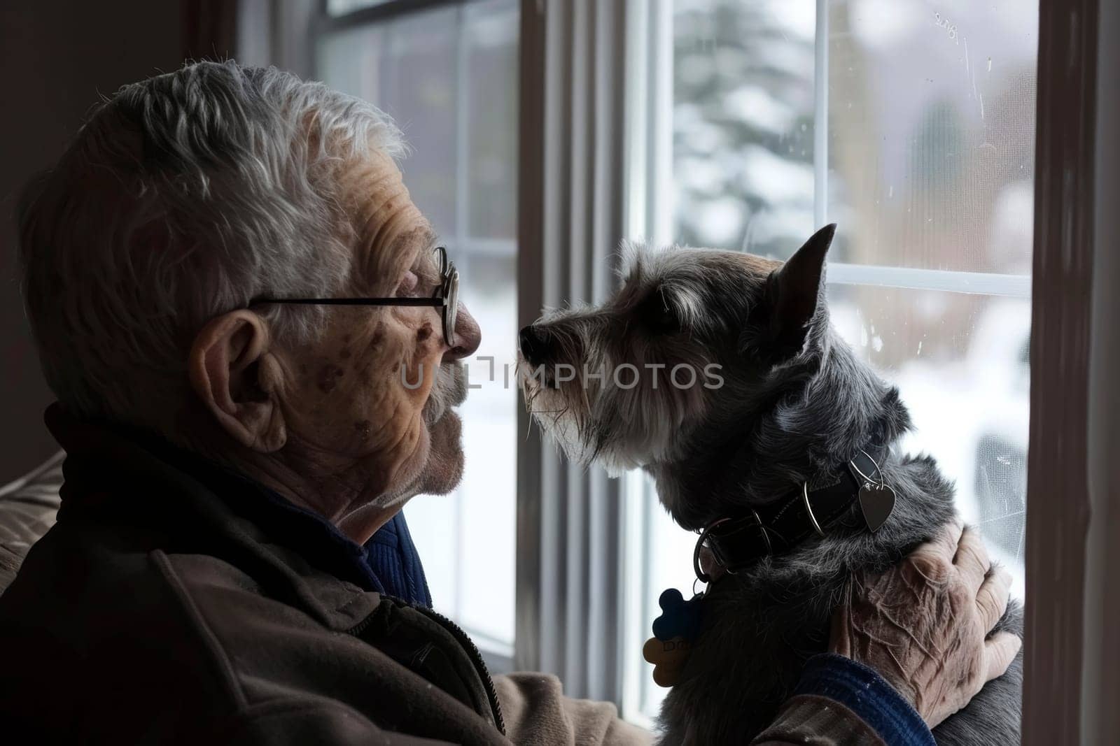 An elderly individual and a dog share a serene moment looking out the window together. The golden light casts a nostalgic glow, reflecting a quiet companionship